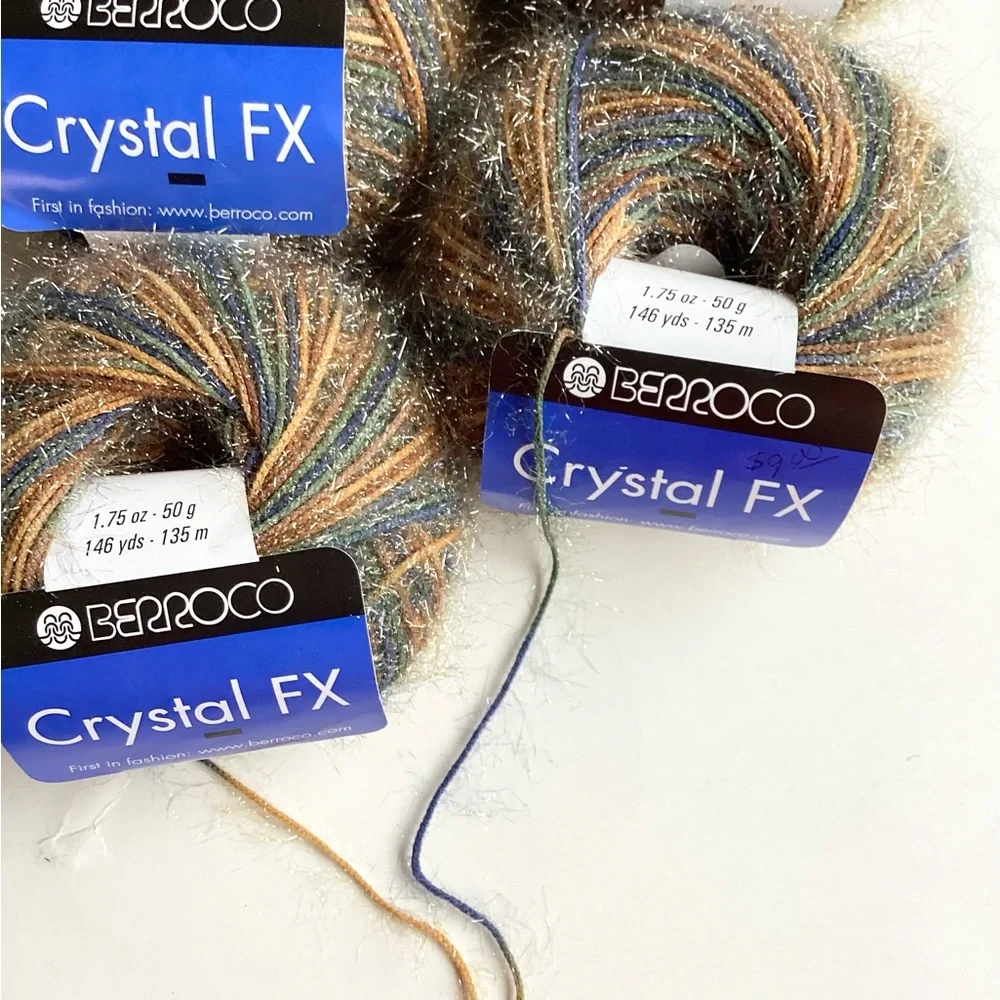 Berroco Crystal FX Multicolor Nylon Yarn Blue Brown Tan Silver Eyelash Accents R